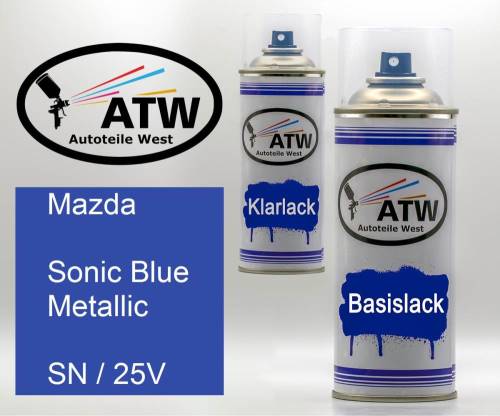 Mazda, Sonic Blue Metallic, SN / 25V: 400ml Sprühdose + 400ml Klarlack - Set, von ATW Autoteile West.